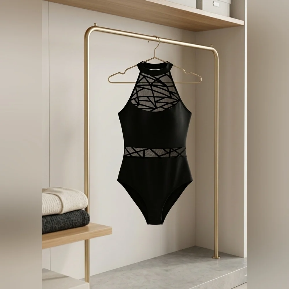 Geo Print Contrast Mesh Black Halter Bodysuit - Picture 7 of 9